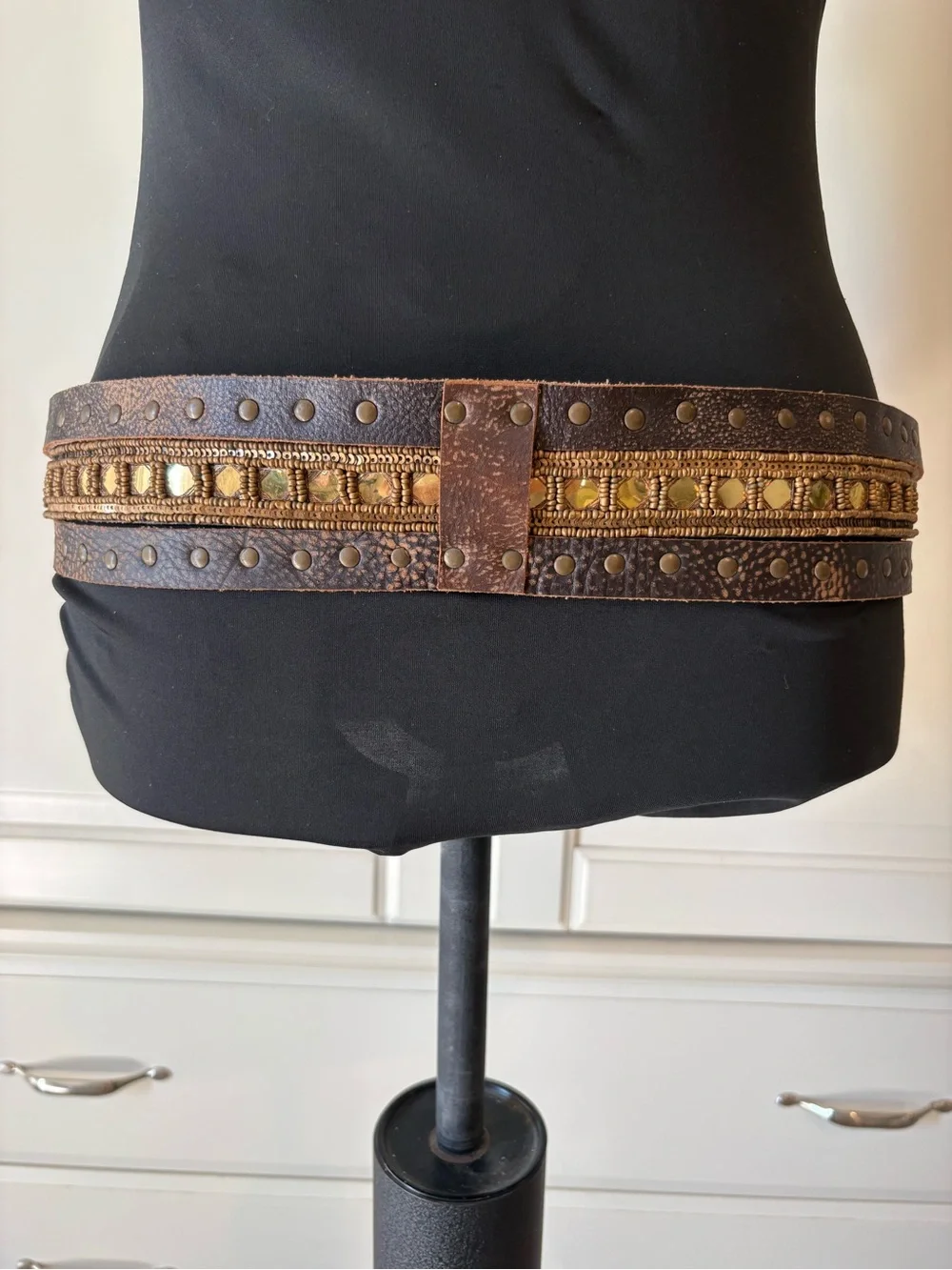 Brown Wide Boho Studded Embellished Hip Waist Belt 42”